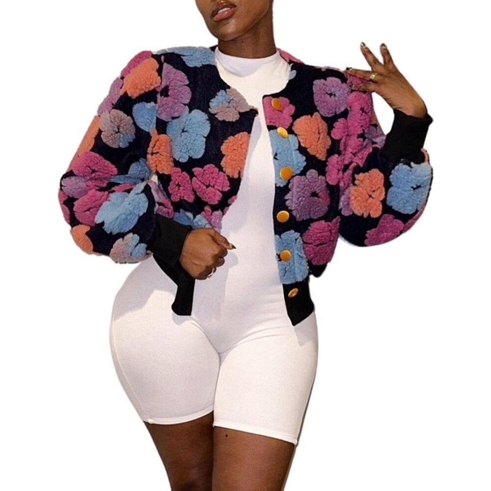 〽️Women's Pink  Flygo Cropped Floral Print Bomber Fleece Varsity Jacket